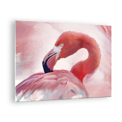 Quadro su vetro - Un fenicottero rosa si gira graziosamente di lato - 70x50cm - Bellezza alata - Decorazione murale moderna per soggiorno e camera da letto ARTTOR