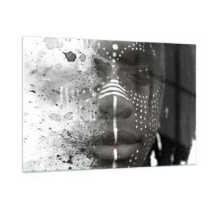 Quadro su vetro - Ritratto con motivi etnici in bianco e nero con effetto acquerello - 120x80cm - Scopri lo spirito primordiale - Decorazione murale moderna per soggiorno e camera da letto ARTTOR