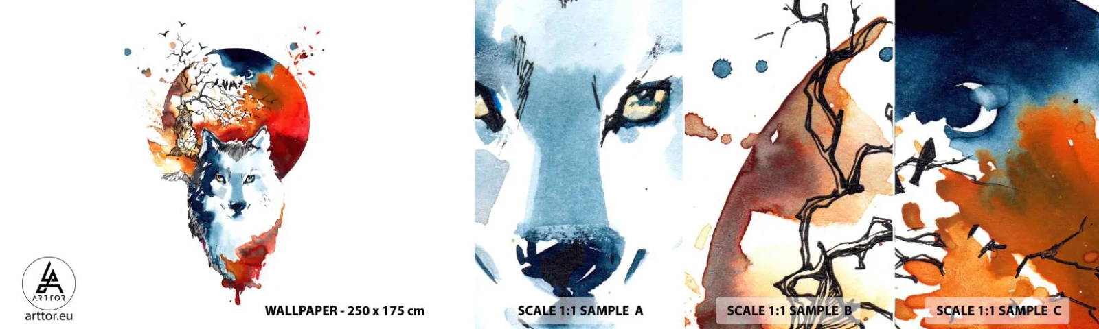 Campione Di Fotomurale Standard Eco - Naso a naso con la notte - Astrazione, Animali, Lupo - 100x30 cm