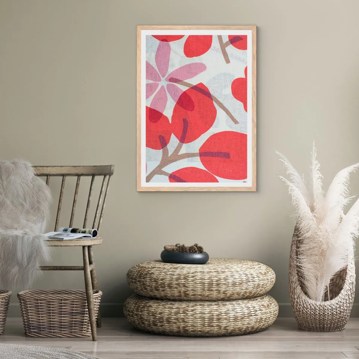 Poster in cornice rovere chiaro - Composizione di fiori in rosa - 70x100 cm