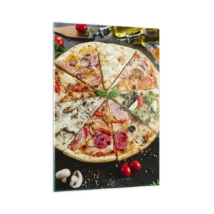 Quadro su vetro - Pizza in vari gusti con condimenti su sfondo scuro - 50x70cm - Ventaglio di gusti - Decorazione murale moderna per soggiorno e camera da letto ARTTOR