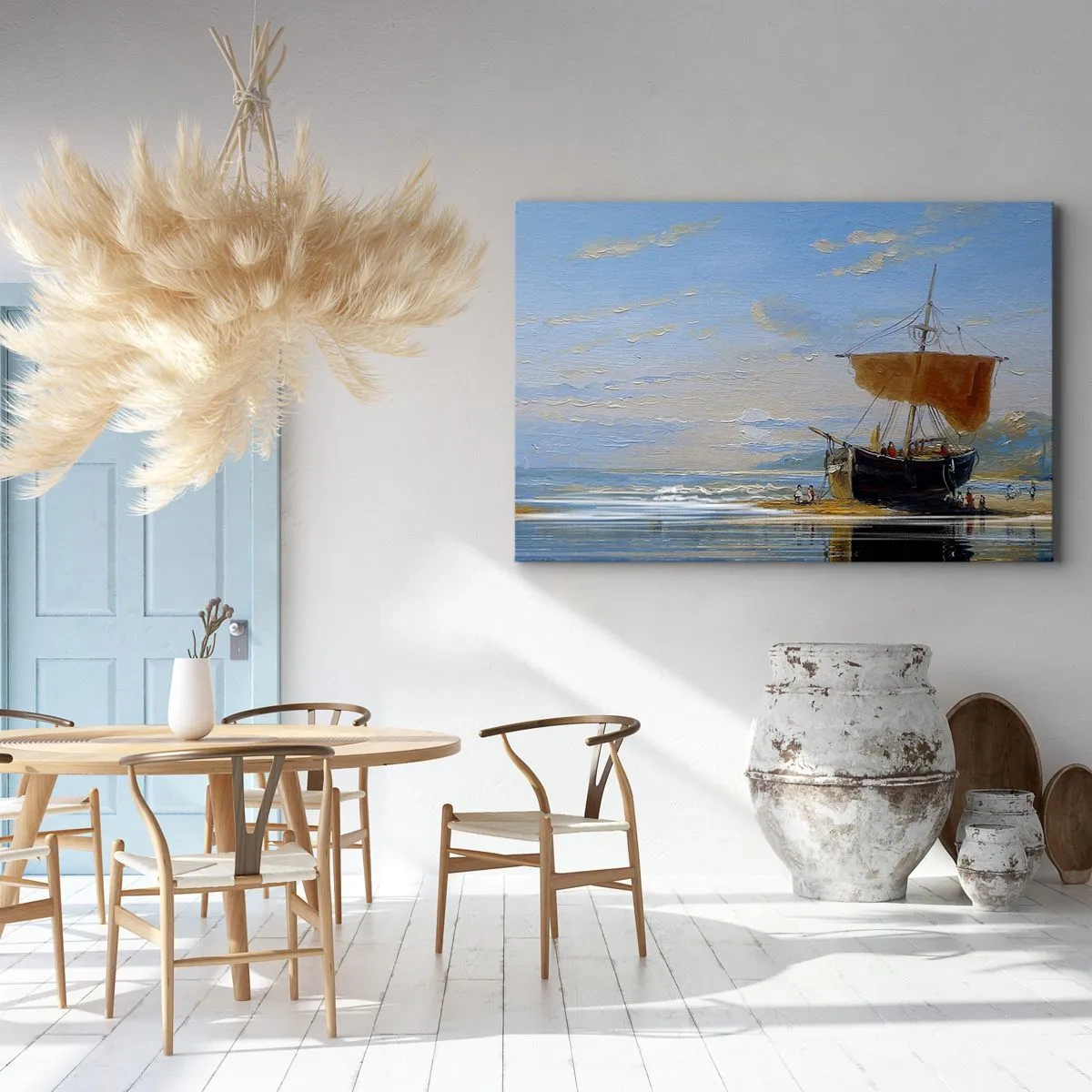 Quadro su tela - Stampe su Tela - Una nave in riva al mare in una giornata di sole - 70x50cm - Acqua, terra, aria - Decorazione murale moderna per soggiorno e camera da letto ARTTOR