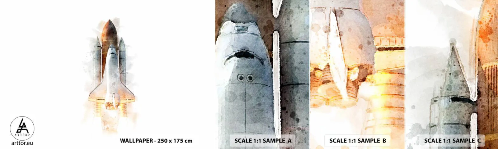 Campione Di Fotomurale Standard Eco - La partenza degli esploratori - Un razzo spaziale, Cosmo, Minimalismo - 100x30 cm