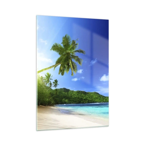 Quadro su vetro - Spiaggia tropicale con palme e acqua cristallina - 50x70cm - Il lieve tocco dei tropici - Decorazione murale moderna per soggiorno e camera da letto ARTTOR