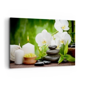 Quadro su tela - Stampe su Tela - Orchidee, candele e pietre immerse nella natura - 120x80cm - Tocco delicato, fragrante, floreale - Decorazione murale moderna per soggiorno e camera da letto ARTTOR