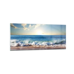 Quadro su vetro - Una spiaggia soleggiata con onde che si infrangono sulla riva - 120x50cm - Insieme movimento e immobilità - Decorazione murale moderna per soggiorno e camera da letto ARTTOR