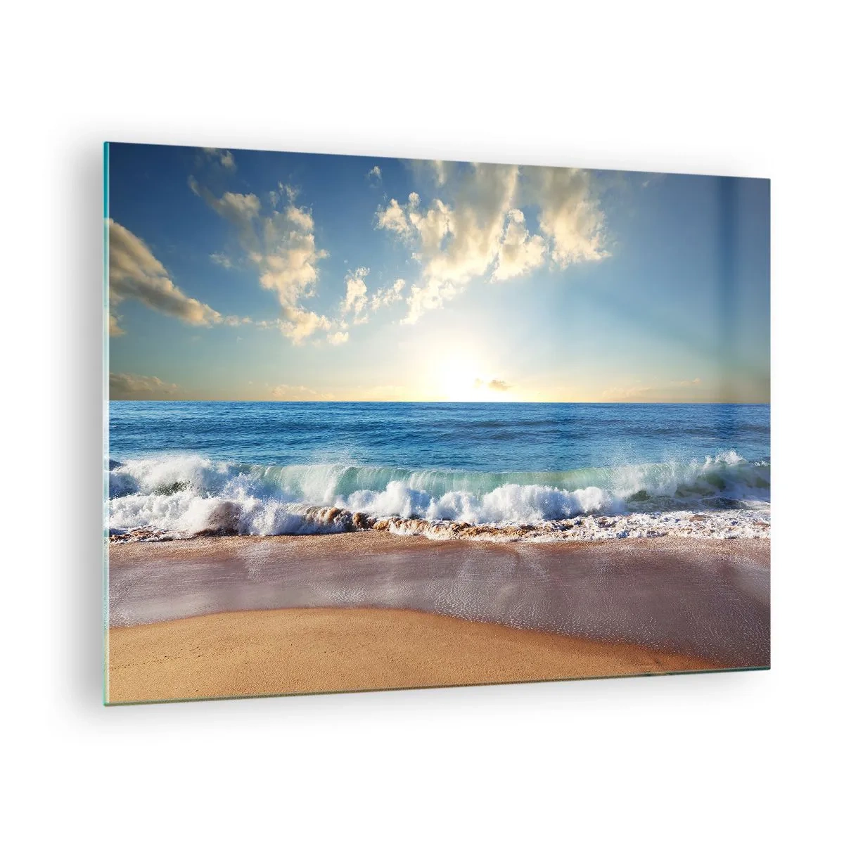 Quadro su vetro - Onde dell'oceano che si infrangono su una spiaggia dorata all'alba - 70x50cm - Insieme movimento e immobilità - Decorazione murale moderna per soggiorno e camera da letto ARTTOR