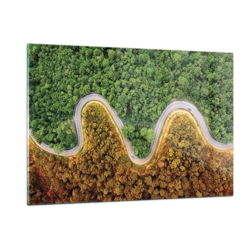 Quadro su vetro - Una strada tortuosa attraverso una fitta foresta vista a volo d'uccello - 120x80cm - Confine e separazione - Decorazione murale moderna per soggiorno e camera da letto ARTTOR