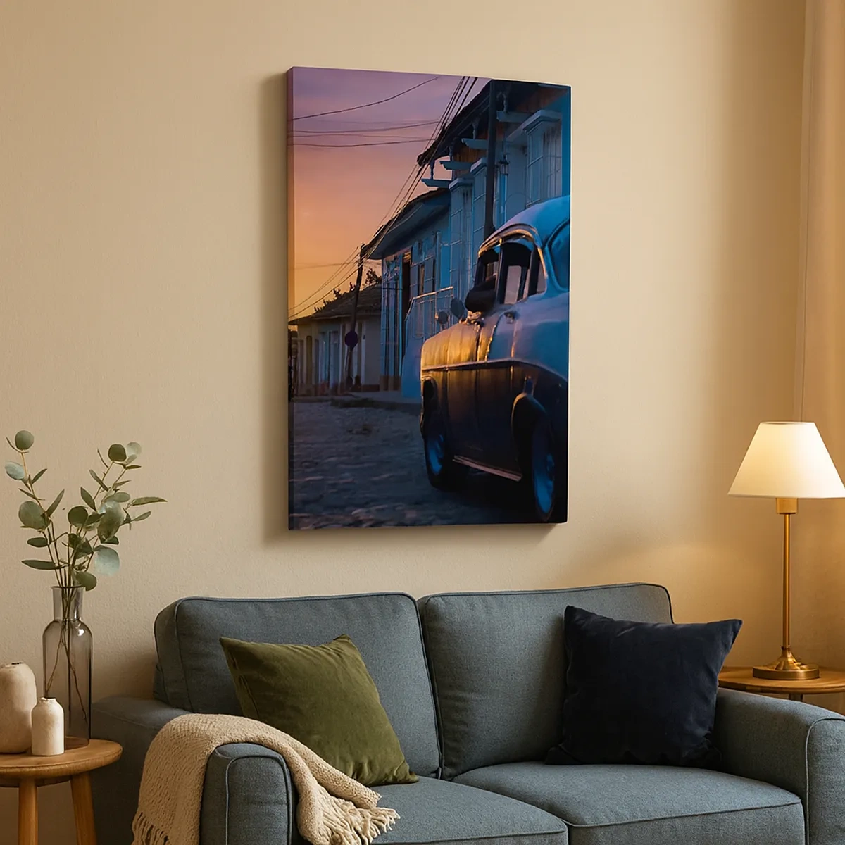 Quadro su tela - Stampe su Tela - Auto e bicicletta retrò sulla strada alla luce del sole al tramonto - 50x70cm - Qui il tempo rallenta - Decorazione murale moderna per soggiorno e camera da letto ARTTOR