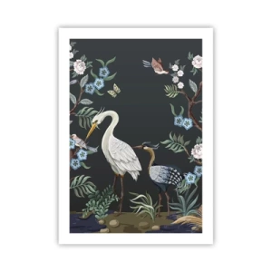 Poster - Illustrazione di uccelli tra i fiori su uno sfondo scuro - 50x70cm - La parata degli uccelli - Decorazione murale moderna per soggiorno e camera da letto ARTTOR