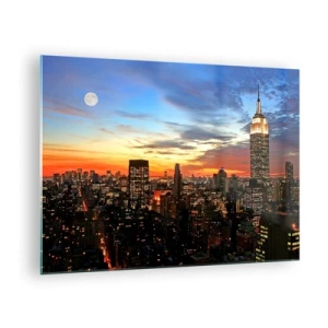 Quadro su vetro - Panorama notturno della città con edifici illuminati - 70x50cm - Luminosa notte americana - Decorazione murale moderna per soggiorno e camera da letto ARTTOR