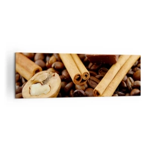Quadro su tela - Stampe su Tela - Chicchi di caffè con bastoncini di cannella, cioccolato e noci. - 160x50cm - Concerto di sapori - Decorazione murale moderna per soggiorno e camera da letto ARTTOR