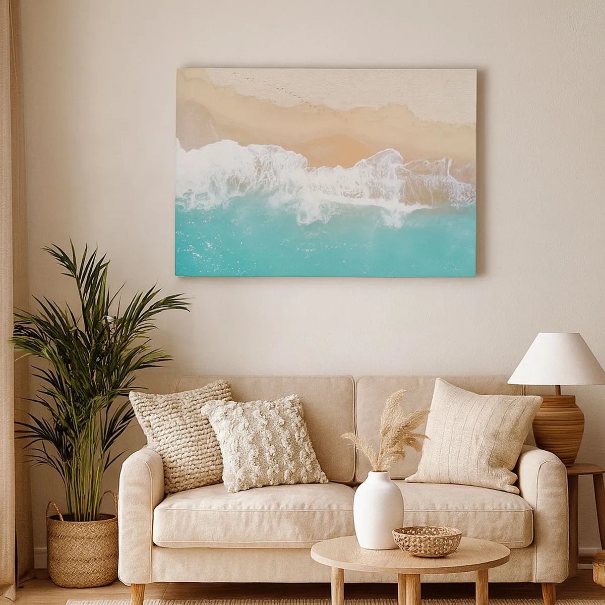Quadro su tela - Stampe su Tela - Una vista a volo d'uccello di una spiaggia con acqua turchese e onde dolci - 70x50cm - Un tocco carezzevole - Decorazione murale moderna per soggiorno e camera da letto ARTTOR