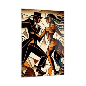 Quadro su vetro - Una coppia stilizzata che danza in una forma astratta dinamica. - 50x70cm - La danza della passione - Decorazione murale moderna per soggiorno e camera da letto ARTTOR