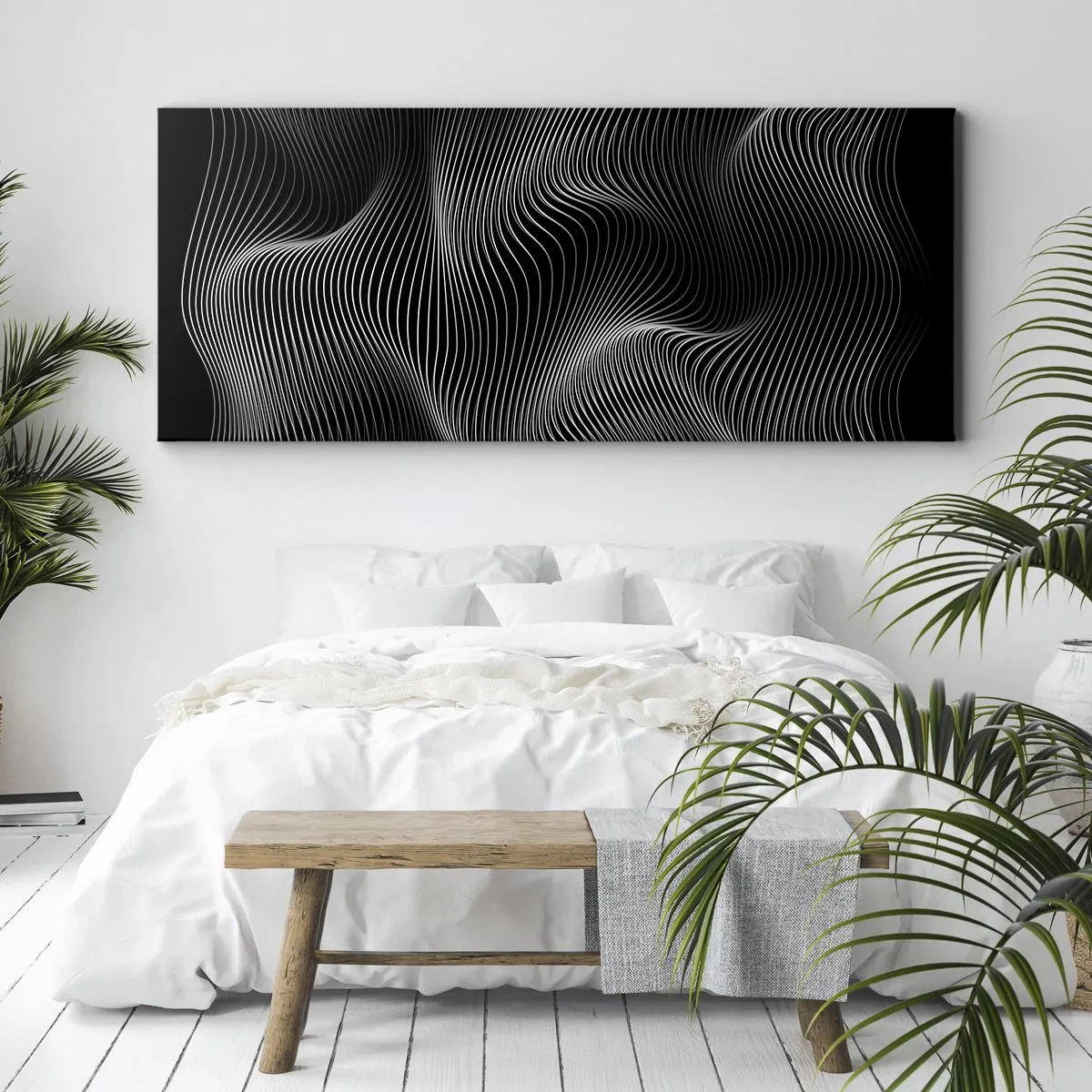Quadro su tela - Stampe su Tela - Linee bianche astratte su sfondo nero - 160x50cm - La danza della luce nello spazio - Decorazione murale moderna per soggiorno e camera da letto ARTTOR