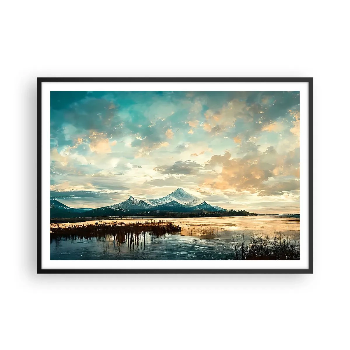 Poster in cornice nera - Un paesaggio pittoresco con una montagna e un lago calmo - 100x70cm - Sotto la protezione del cielo - Decorazione murale moderna per soggiorno e camera da letto ARTTOR