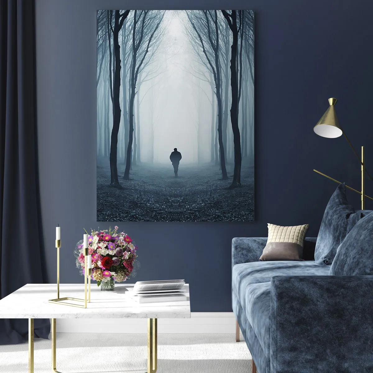 Quadro su vetro - Una figura che cammina tra gli alberi in una foresta nebbiosa - 70x100cm - E tutto è semplice e chiaro - Decorazione murale moderna per soggiorno e camera da letto ARTTOR