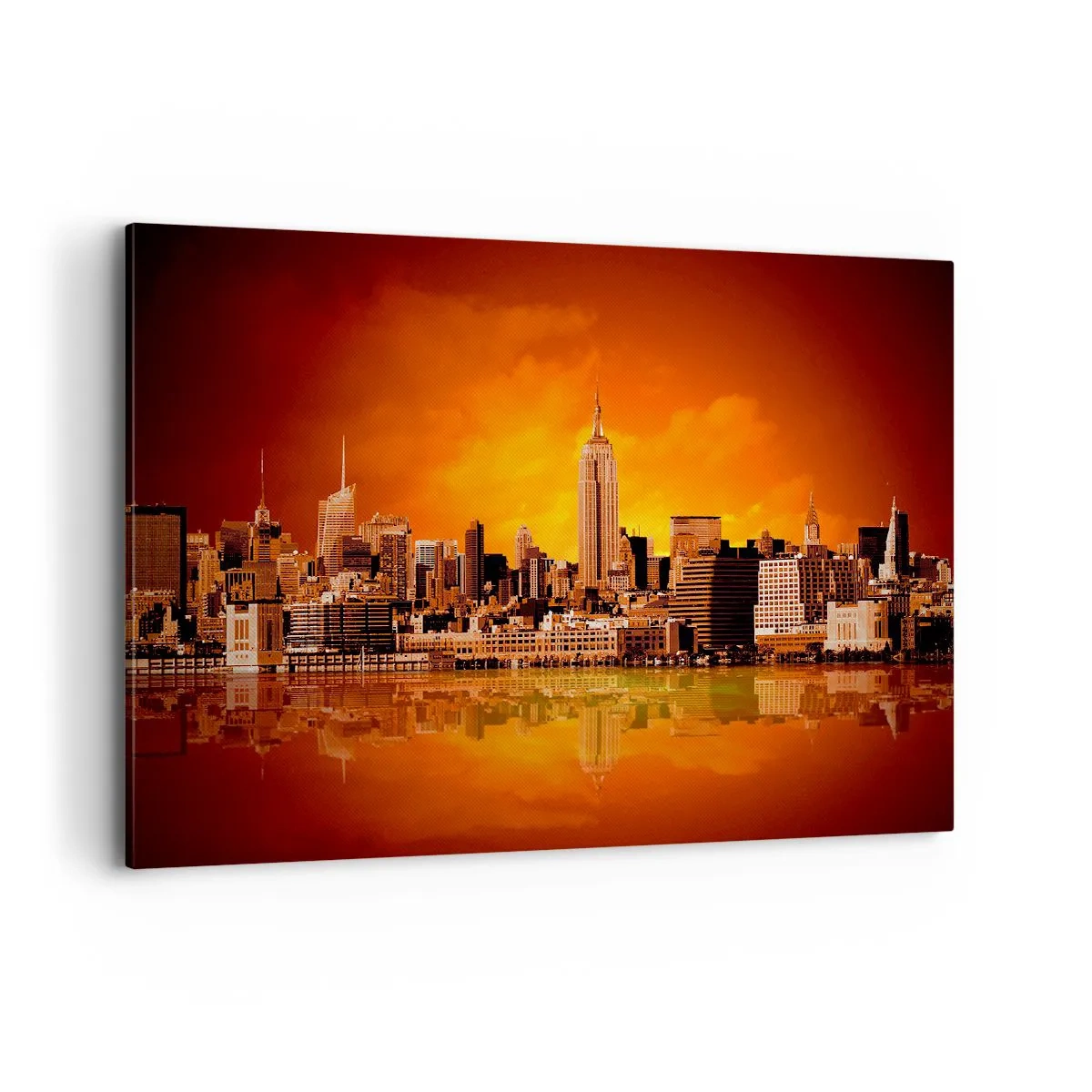 Quadro su tela - Stampe su Tela - Panorama della città al tramonto con gli edifici riflessi nell'acqua - 100x70cm - Panorama di grande città in giallo e marrone - Decorazione murale moderna per soggiorno e camera da letto ARTTOR