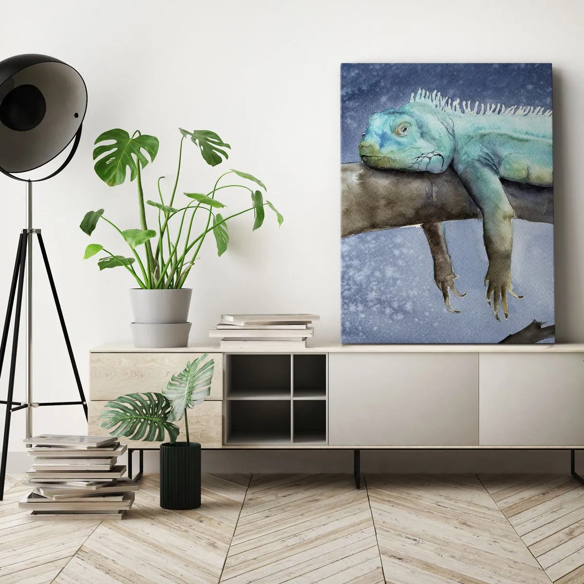 Quadro su tela - Stampe su Tela - Iguana blu che riposa su un ramo - 50x70cm - Va tutto bene! - Decorazione murale moderna per soggiorno e camera da letto ARTTOR
