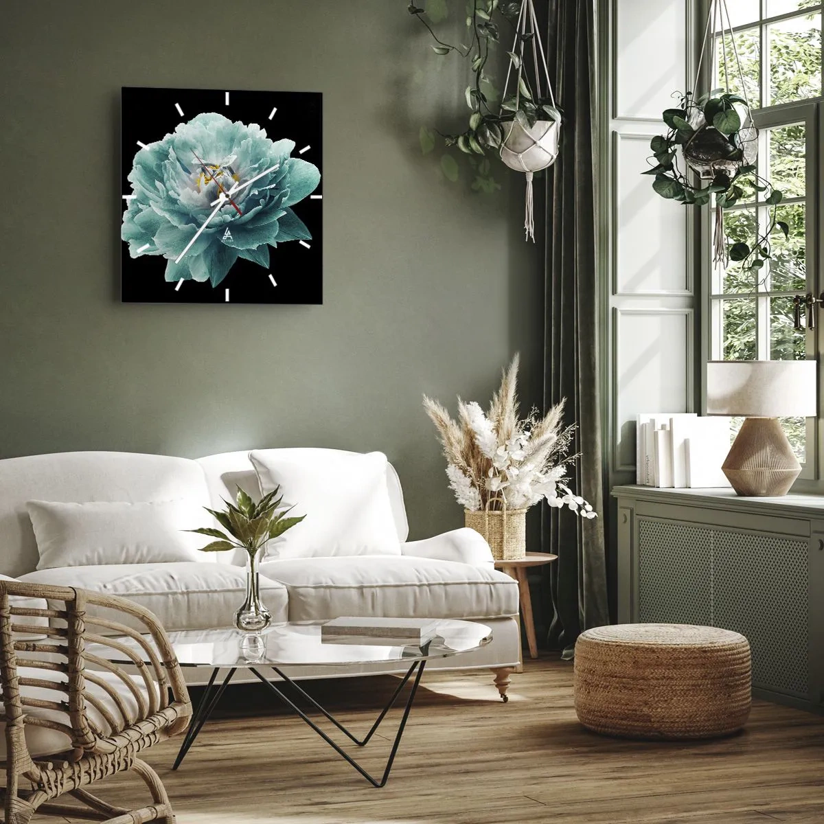 Orologio da parete - Orologio in Vetro - Fiore di peonia turchese su sfondo nero - 30x30cm - Petali blu e oro - Decorazione murale moderna per soggiorno e camera da letto ARTTOR