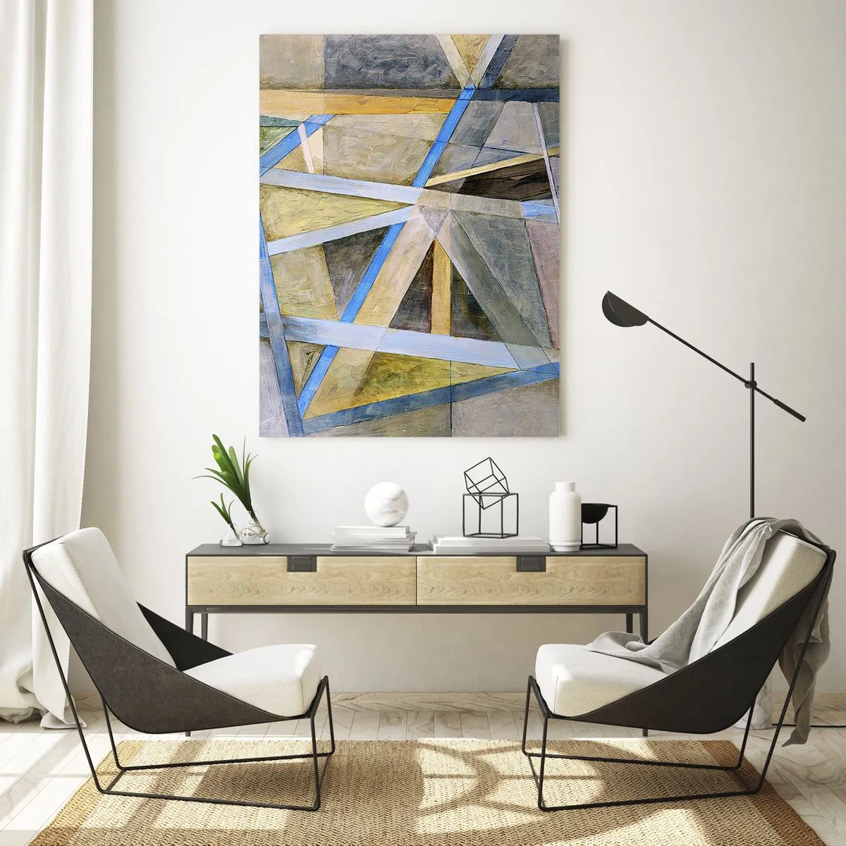Quadro su vetro - Composizione geometrica con linee chiare e blu - 80x120cm - Dritto o obliquo? - Decorazione murale moderna per soggiorno e camera da letto ARTTOR