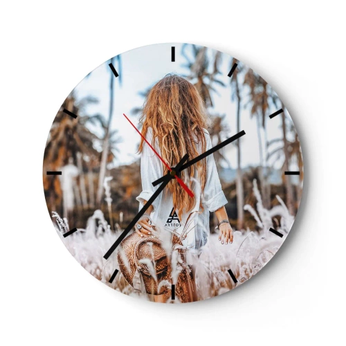 Orologio da parete - Orologio in Vetro - Una donna in un campo d'erba con palme sullo sfondo - 30x30cm - Nata dalla lanugine dell'erba - Decorazione murale moderna per soggiorno, cucina e camera da letto ARTTOR
