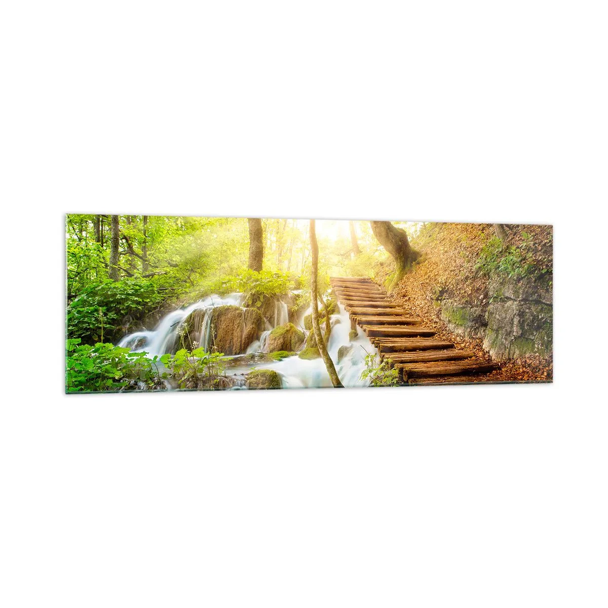 Quadro su vetro - Sentiero nel bosco con scale in legno vicino alla cascata - 160x50cm - Bramata freschezza - Decorazione murale moderna per soggiorno e camera da letto ARTTOR
