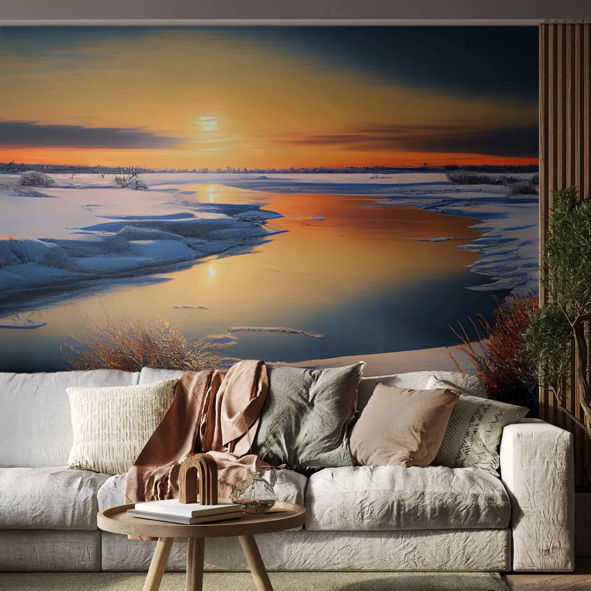 Fotomurali Premium Sand - Un fiume innevato al chiarore di un tramonto invernale - 100x70cm - Tramonto invernale - Decorazione murale moderna per soggiorno e camera da letto ARTTOR