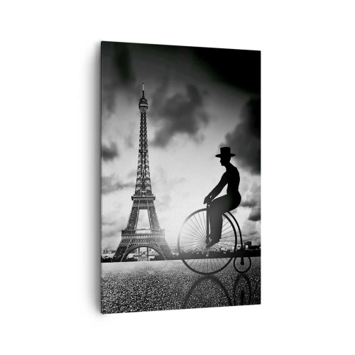 Quadro su tela - Stampe su Tela - Immagine in bianco e nero di una bicicletta retrò con la Torre Eiffel sullo sfondo - 80x120cm - Nostalgia della Belle Epoque - Decorazione murale moderna per soggiorno e camera da letto ARTTOR