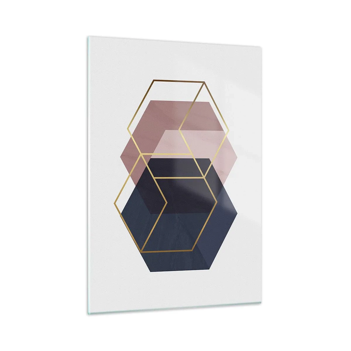 Quadro su vetro - Contorni dorati di cubi su uno sfondo di solidi blu navy e rosa - 50x70cm - La forza della semplicità - Decorazione murale moderna per soggiorno e camera da letto ARTTOR