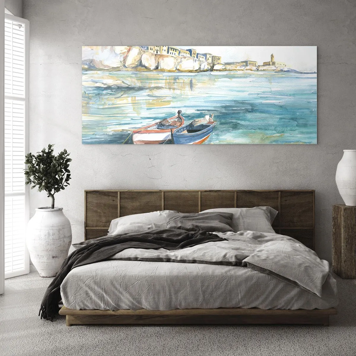 Quadro su vetro - Un pittoresco paesaggio costiero con barche sull'acqua - 140x50cm - Paesaggio in azzurro - Decorazione murale moderna per soggiorno e camera da letto ARTTOR