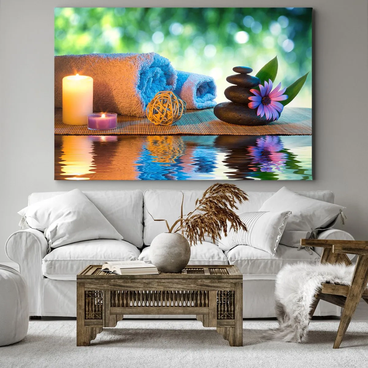 Quadro su tela - Stampe su Tela - Set SPA rilassante con asciugamani, candele e pietre - 100x70cm - Tempo per il corpo - Decorazione murale moderna per soggiorno e camera da letto ARTTOR
