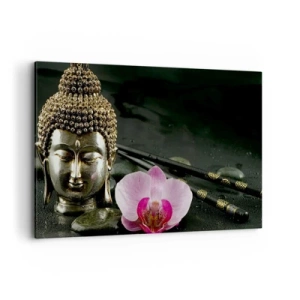 Quadro su tela - Stampe su Tela - Una statuetta di Buddha con un'orchidea e delle bacchette su uno sfondo di pietre - 120x80cm - Armonia di saggezza e bellezza - Decorazione murale moderna per soggiorno e camera da letto ARTTOR