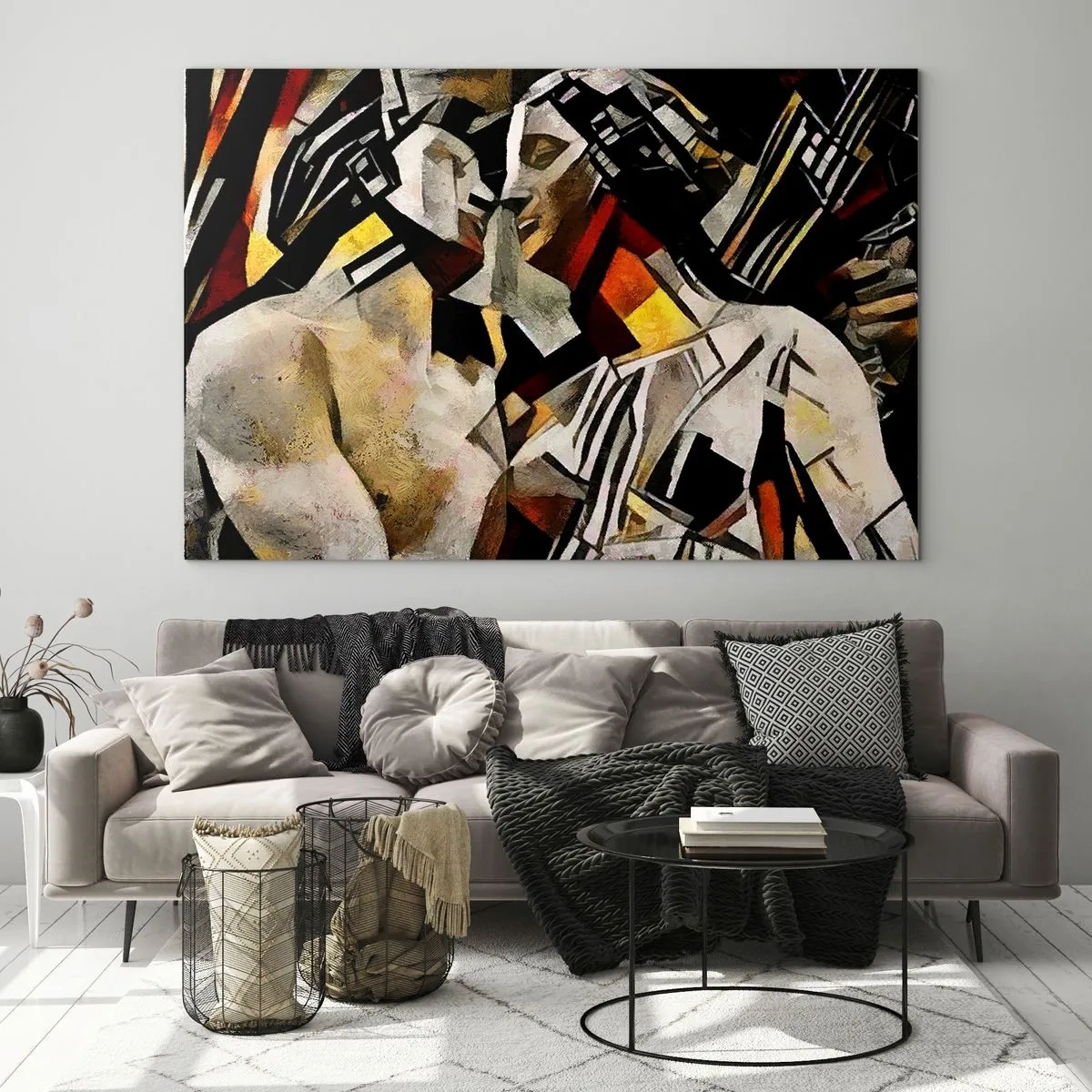 Quadro su vetro - Coppia astratta in motivi geometrici - 70x50cm - Bacio di statue - Decorazione murale moderna per soggiorno e camera da letto ARTTOR
