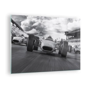Quadro su vetro - Gara di auto d'epoca su una pista in bianco e nero - 70x50cm - C'è la forza! - Decorazione murale moderna per soggiorno e camera da letto ARTTOR