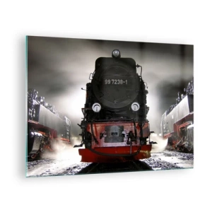 Quadro su vetro - Una locomotiva a vapore circondata da vapore e luce - 70x50cm - Ansima, sbuffa e soffia - Decorazione murale moderna per soggiorno e camera da letto ARTTOR