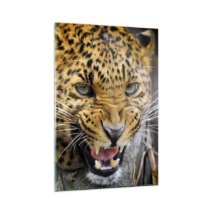 Quadro su vetro - Primo piano di un leopardo minaccioso con le zanne scoperte. - 80x120cm - Non avvicinarti, ti avverto! - Decorazione murale moderna per soggiorno e camera da letto ARTTOR