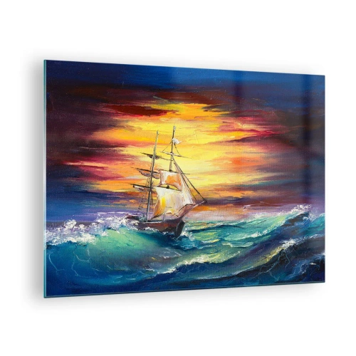 Quadro su vetro - Una nave in un mare in tempesta al tramonto - 70x50cm - Temerari sulle onde - Decorazione murale moderna per soggiorno e camera da letto ARTTOR