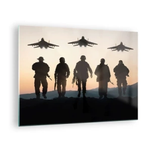 Quadro su vetro - Soldati sullo sfondo del sole al tramonto e dei jet - 70x50cm - Benvenuto nel nostro mondo - Decorazione murale moderna per soggiorno e camera da letto ARTTOR
