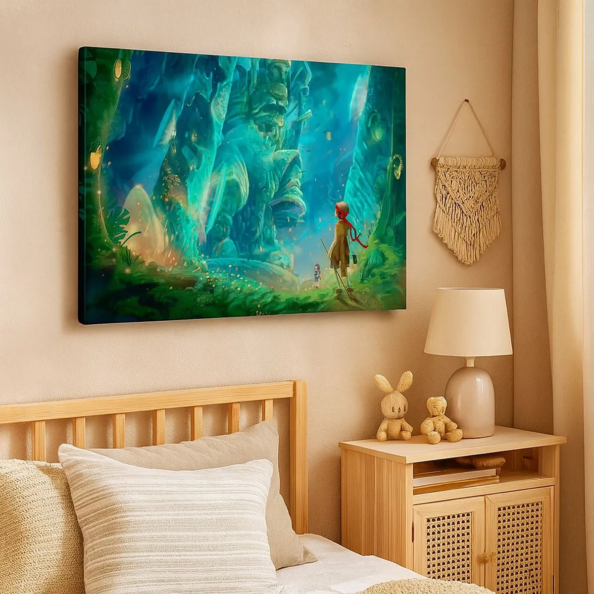 Quadro su tela - Stampe su Tela - Foresta magica con un personaggio esploratore - 70x50cm - Dal grande Libro delle Fiabe - Decorazione murale moderna per soggiorno e camera da letto ARTTOR