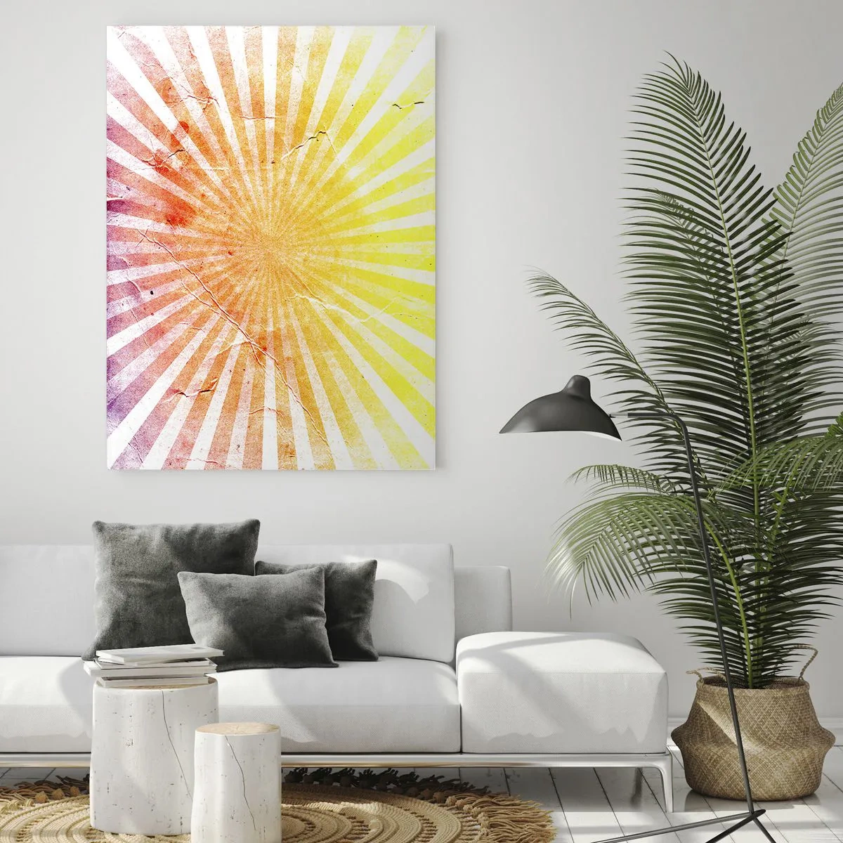 Quadro su vetro - Raggi del sole nascente o tramontante in stile retrò - 50x70cm - Albe e tramonti - Decorazione murale moderna per soggiorno e camera da letto ARTTOR