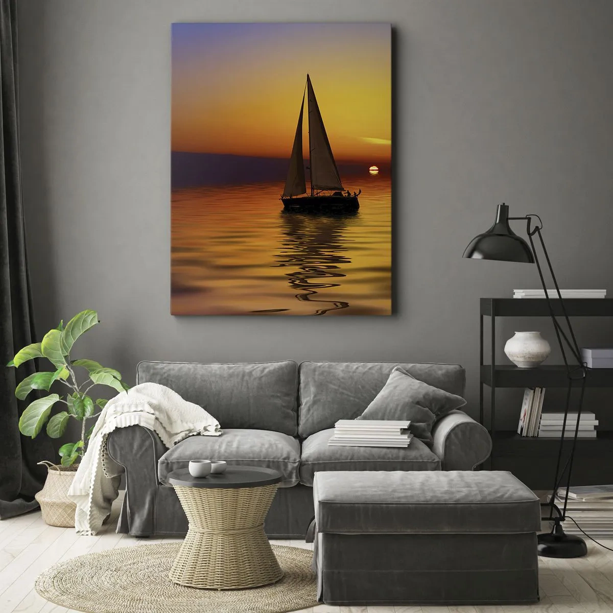 Quadro su tela - Stampe su Tela - Una barca a vela su un mare calmo al tramonto - 50x70cm - Che silenzio al tramonto... - Decorazione murale moderna per soggiorno e camera da letto ARTTOR
