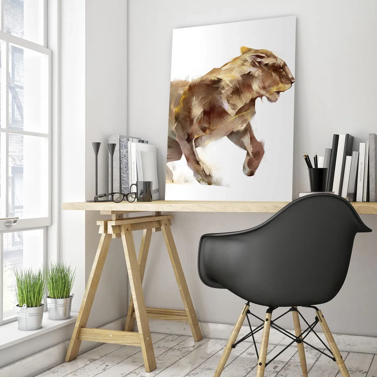 Quadro su vetro - Una leonessa che corre in un'interpretazione artistica - 80x120cm - Grazia selvatica - Decorazione murale moderna per soggiorno e camera da letto ARTTOR