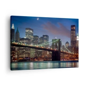 Quadro su tela - Stampe su Tela - Ponte di New York City di notte con edifici illuminati - 70x50cm - Notte illuminata - Decorazione murale moderna per soggiorno e camera da letto ARTTOR