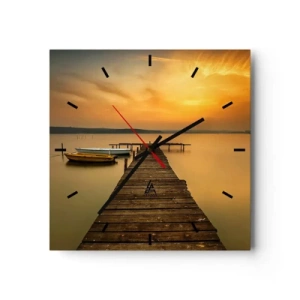 Orologio da parete - Orologio in Vetro - Pontile in legno e barche sul lago al tramonto - 30x30cm - Ti apro il cielo dorato - Decorazione murale moderna per soggiorno e camera da letto ARTTOR