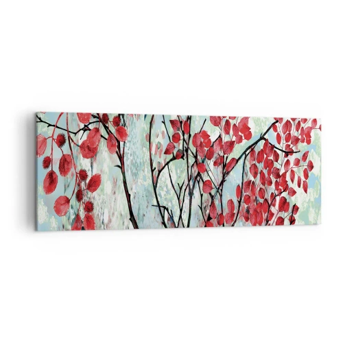 Quadro su tela - Stampe su Tela - Foglie rosse contro un cielo luminoso con motivi astratti - 140x50cm - Albero in scarlatto - Decorazione murale moderna per soggiorno e camera da letto ARTTOR