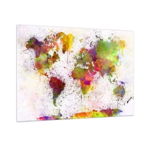 Quadro su vetro - Mappa del mondo in stile artistico con schizzi di vernice colorata - 100x70cm - È successo per caso - Decorazione murale moderna per soggiorno e camera da letto ARTTOR