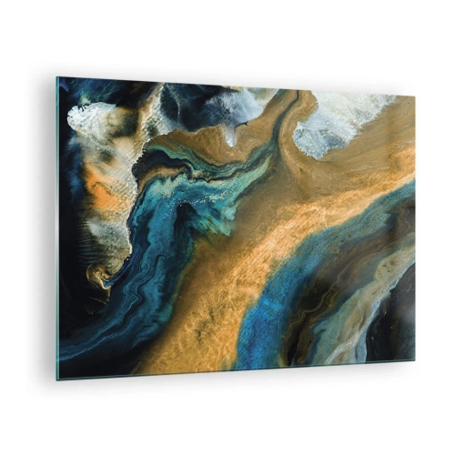 Quadro su vetro - Composizione astratta nei toni del blu e dell'oro - 70x50cm - Blu-oro: influenza reciproca - Decorazione murale moderna per soggiorno e camera da letto ARTTOR