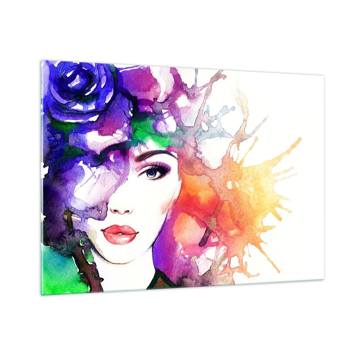 Quadro su vetro - Una donna con uno sfondo sfocato e colorato in stile acquerello - 100x70cm - Con la testa tra le nuvole - Decorazione murale moderna per soggiorno e camera da letto ARTTOR