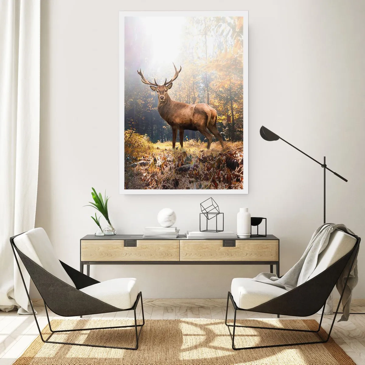 Poster - Un cervo in una foresta illuminata dalla luce del sole - 50x70cm - Nella piena maestà - Decorazione murale moderna per soggiorno e camera da letto ARTTOR